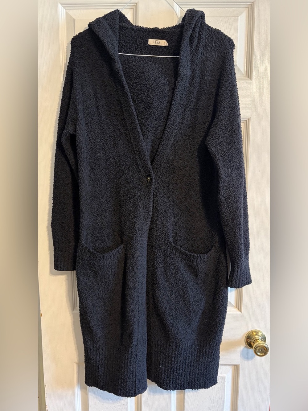 UGG Women’s M/L Black Hooded Long Cardigan Duster Cozy Knit Pockets 1018374